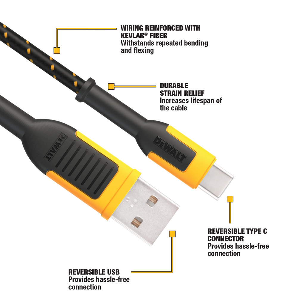 DEWALT Phone Charger USB-A to USB-C Reinforced Braided Cord
