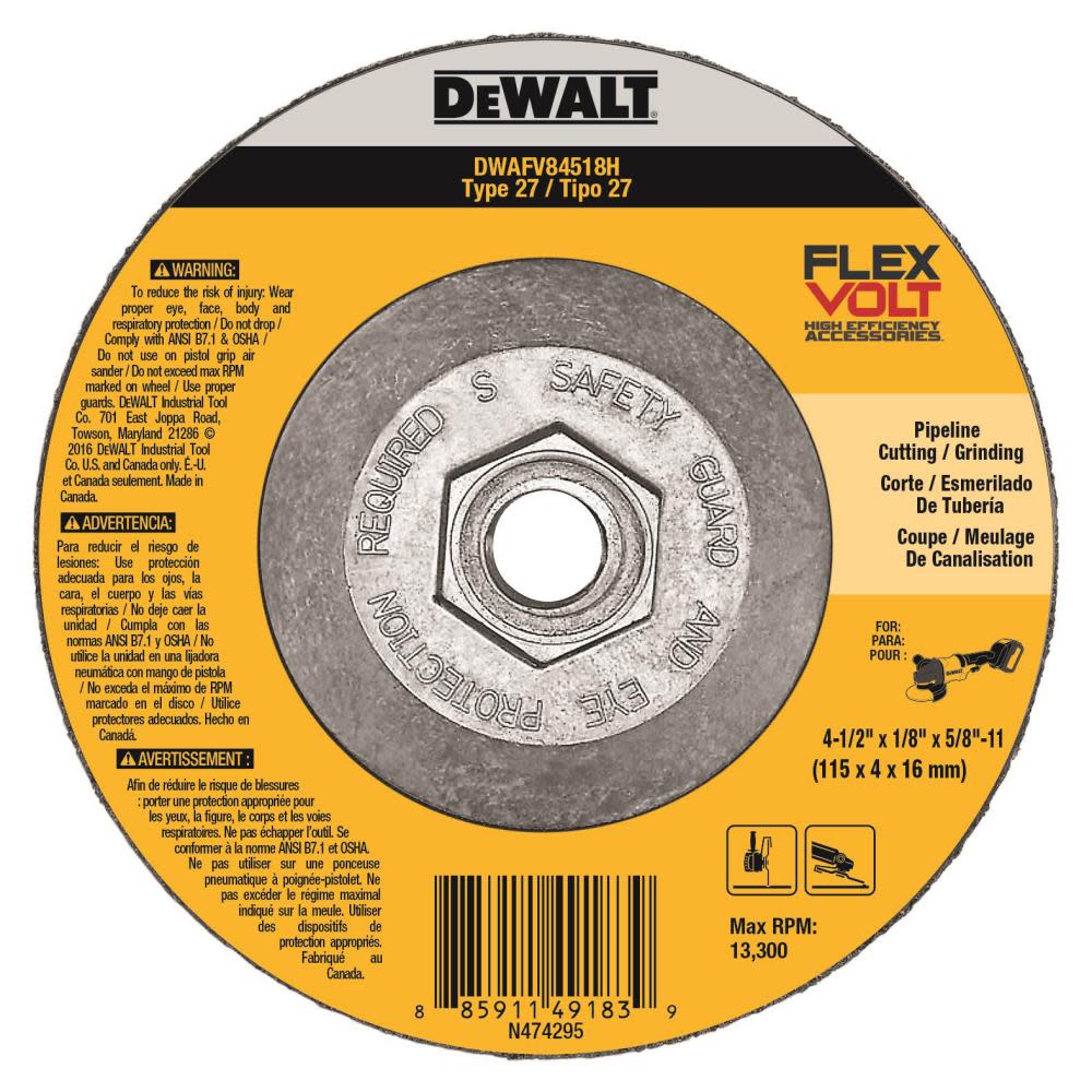 

DEWALT FLEXVOLT 4-1/2 In. x 1/8 In. x 5/8 In. to 11 T27 Cutting and Grinding Wheel