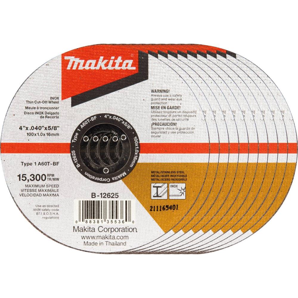 

Makita 4 in. x .040 in. x 5/8 in. Thin INOX Cut-Off Wheel (10-Pack)