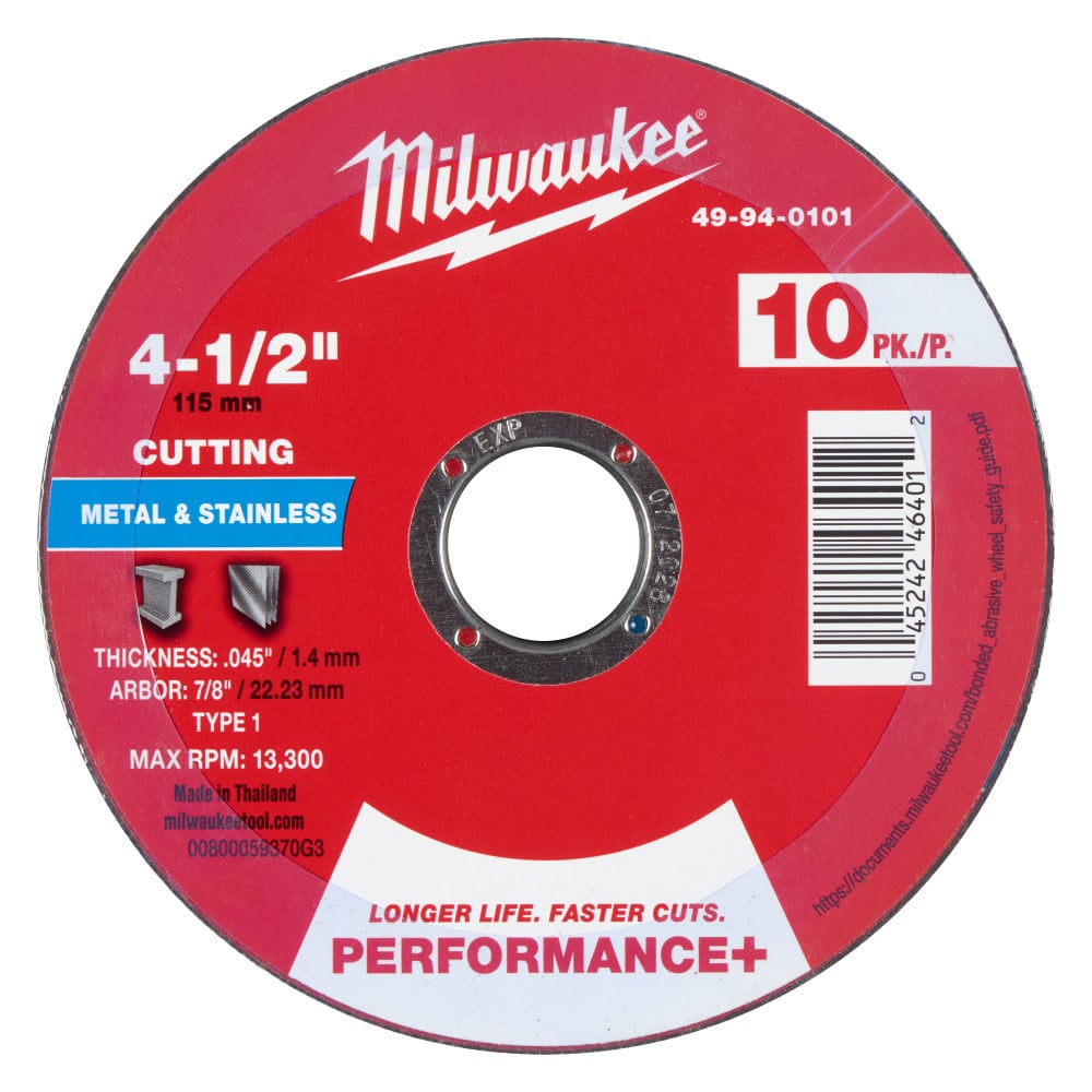 Milwaukee 4-1/2 Inch x .045 Inch x 7/8 Inch Performance+ Metal Cut Off Wheel Type 1 10 Pieces