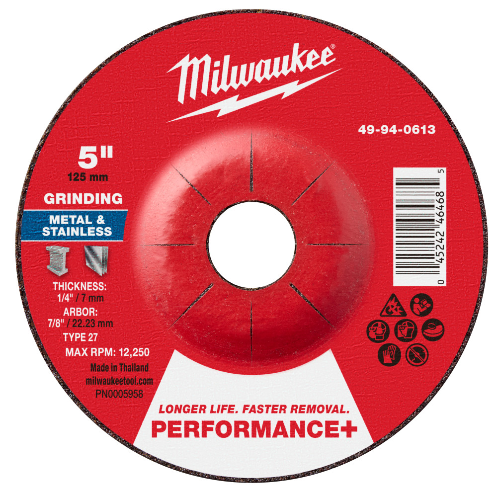 Milwaukee 5 Inch x 1/4 Inch x 7/8 Inch Performance+ Metal Grinding  Wheel Type 27