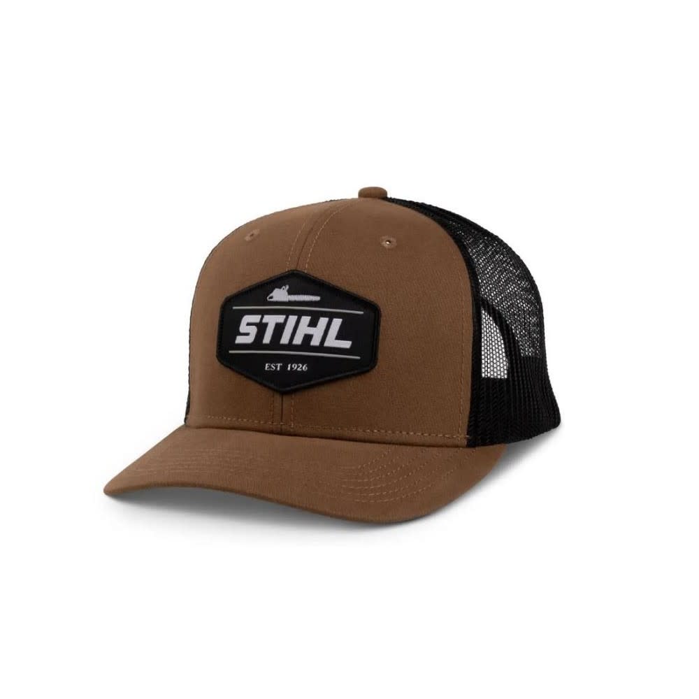 Stihl Trucker Hat with Brown Structured Canvas Front and