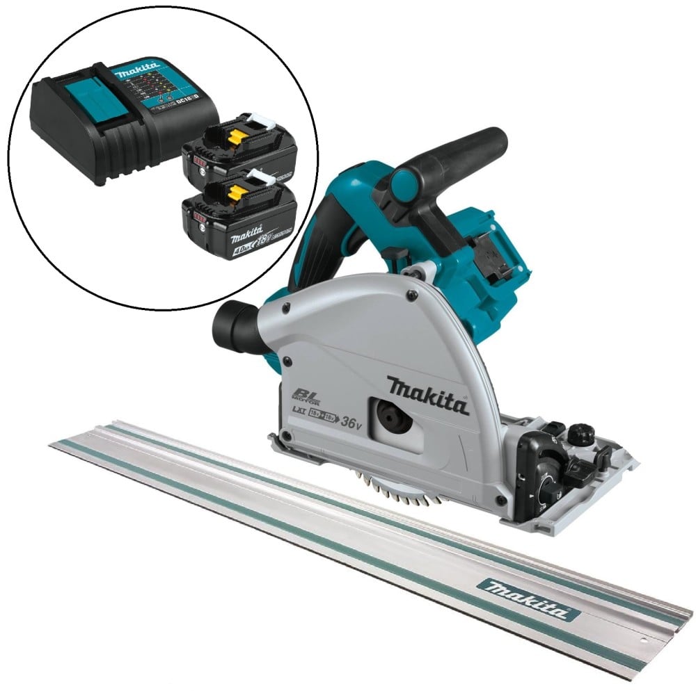 View Makita 18V X2 LXT Lithium-Ion Brushless Cordless 6-1/2 Inch Plunge Circular Saw, 118 Inch Guide Rail & 4Ah Starter Kit