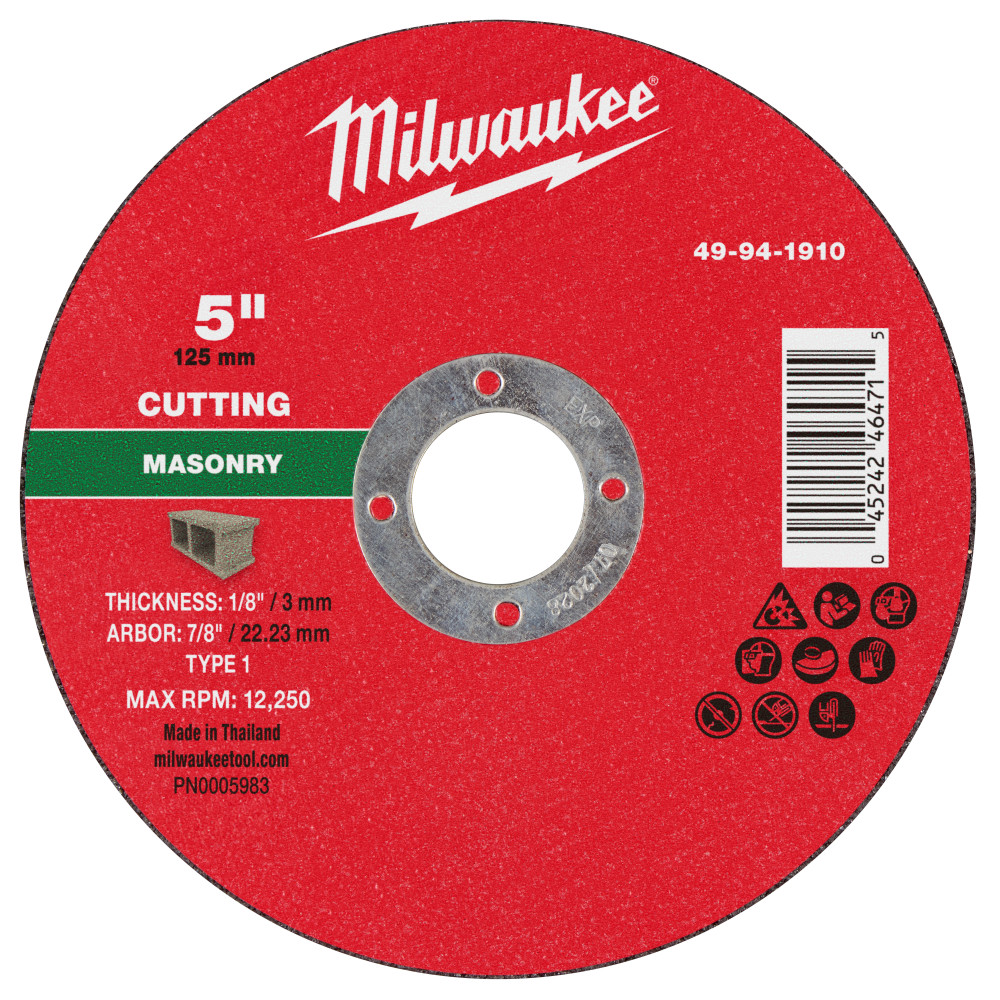 Milwaukee 5 Inch x 1/8 Inch x 7/8 Inch Masonry Cut Off Wheel Type 1