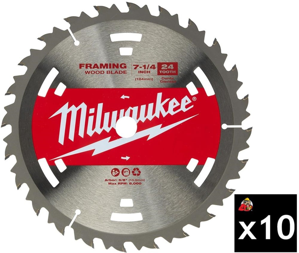 Milwaukee 7-1/4 Inch 24T Pack of 10 Basic Framer Circular Saw Blades