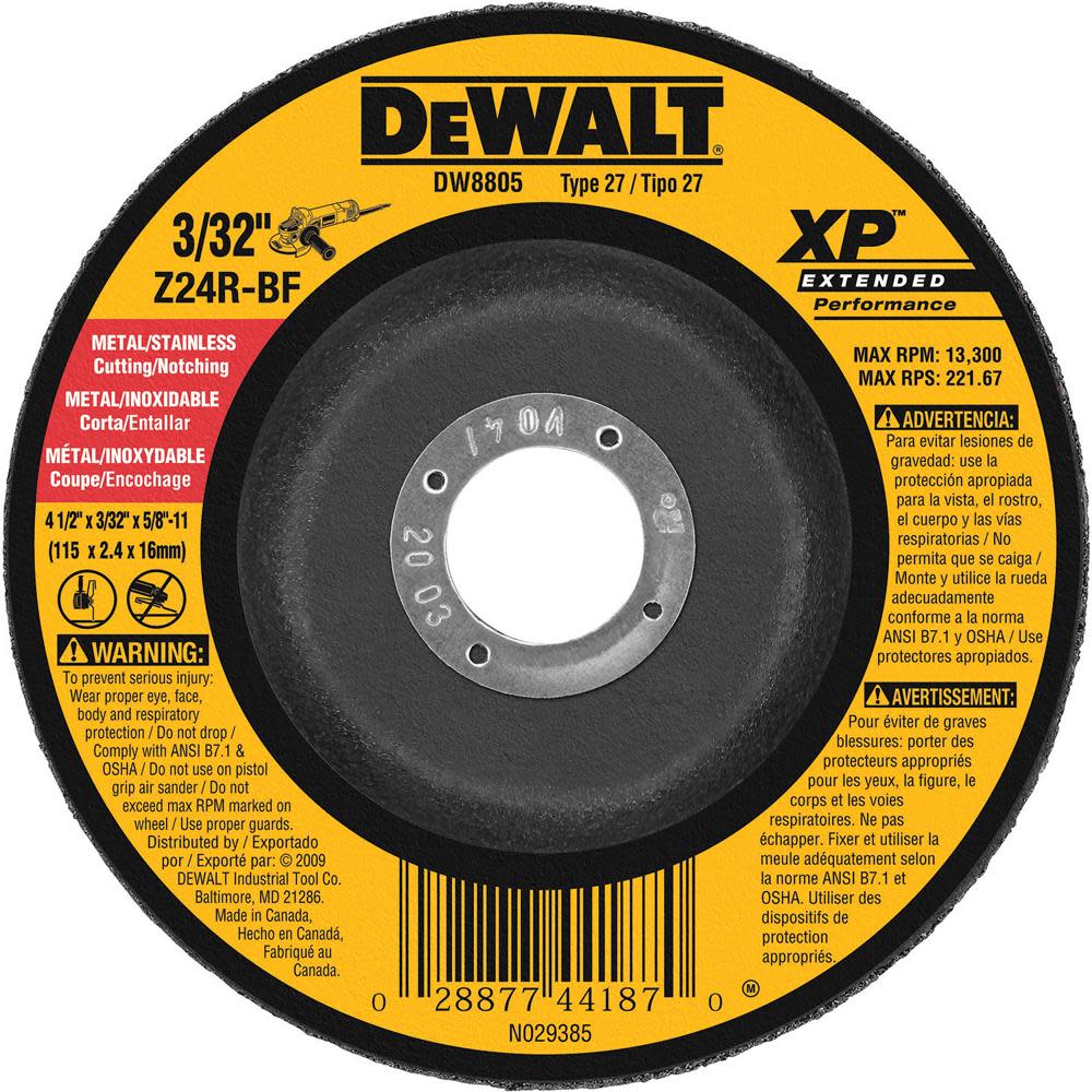 

DEWALT 4-1/2 In. x 3/32 In. x 5/8 In. to 11 XP Cutting and Notching Wheel
