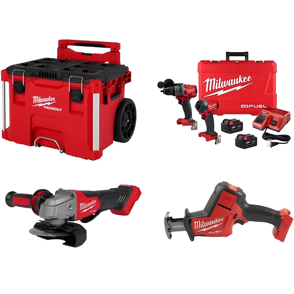 Milwaukee Packout Rolling Tool Box, 2-Tool Kit, Grinder, Hackzall Bundle
