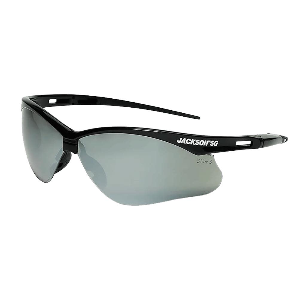 

Jackson Safety Lightweight Ultra-Strong SG Safety Glasses with Soft Touch Temples and Flexible Nose Piece Anti-Scratch Coating Smoke Mirror Lens Black Frame 12 Pairs/Case