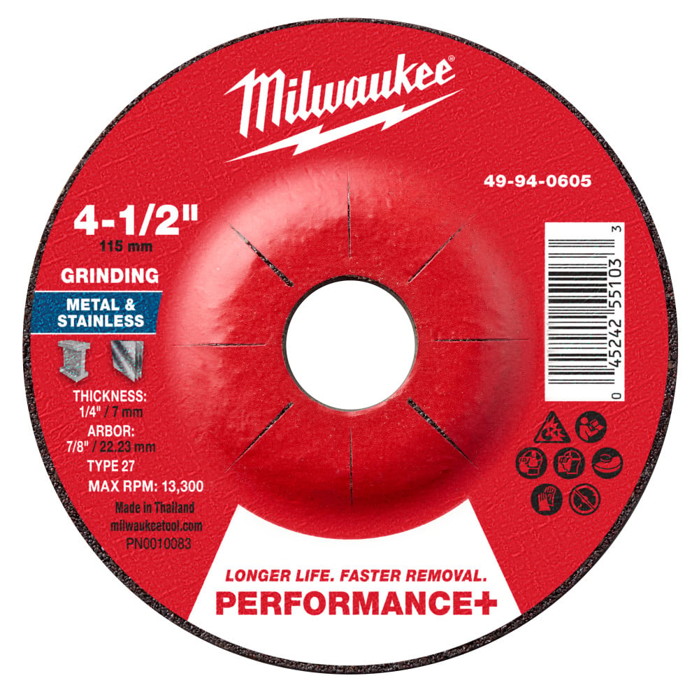 Milwaukee 4-1/2 Inch x 1/4 Inch x 7/8 Inch Performance+ Metal Grinding Wheel Type 27