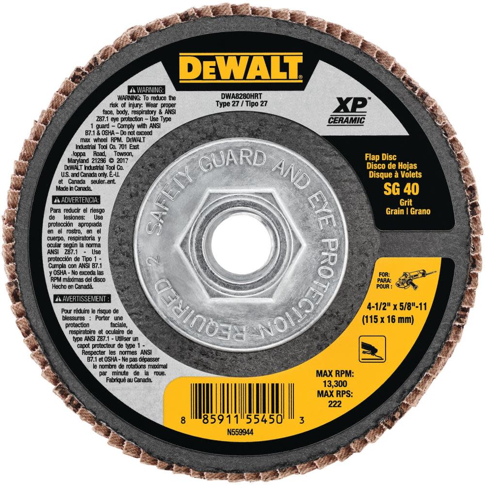 

DEWALT Flap Disc 4 1/2" x 5/8"to 11 40 Grit T27 XP Ceramic