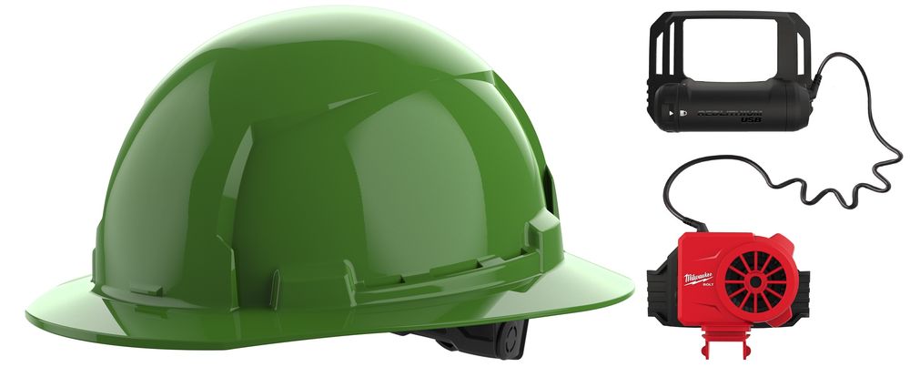 Milwaukee BOLT Green Full Brim Hard Hat with 6pt Ratcheting Suspension Type 1 Class E & USB Cooling Fan Bundle