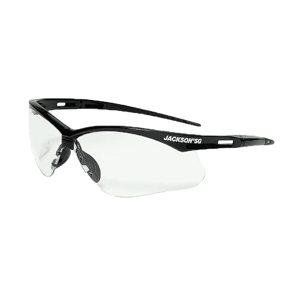 

Jackson Safety Lightweight Ultra-Strong SG Safety Glasses with Soft Touch Temples and Flexible Nose Piece Anti-Fog Coating Clear Lens Black Frame 12 Pairs/Case