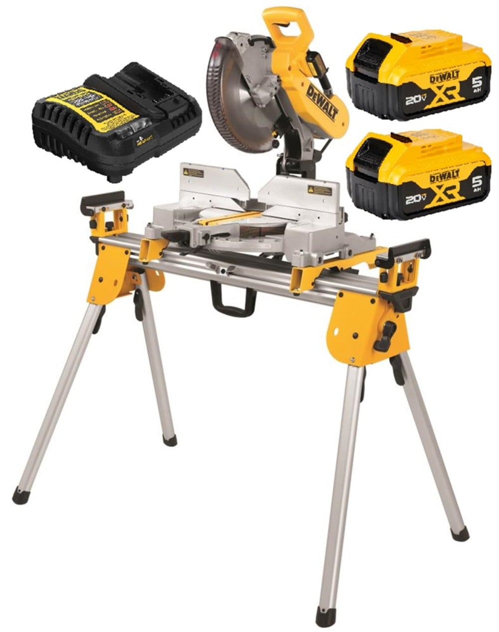 View DEWALT 20V MAX* XR 10 Inch Double Bevel Fixed Miter Saw, Compact Miter Saw Stand, & 5Ah Starter Kit Bundle