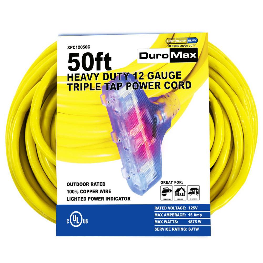

Duromax SJTW Lit Extension Power Cord 50' 12ga Triple Tap 100% Copper