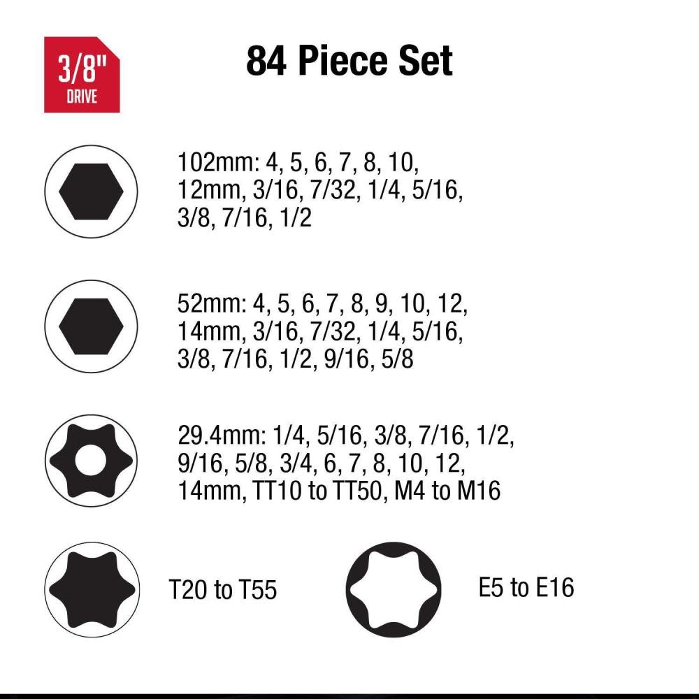 ◯38 Sunex 3/8 In. Drive Master Hex Bit Impact Socket Set 84 Pc