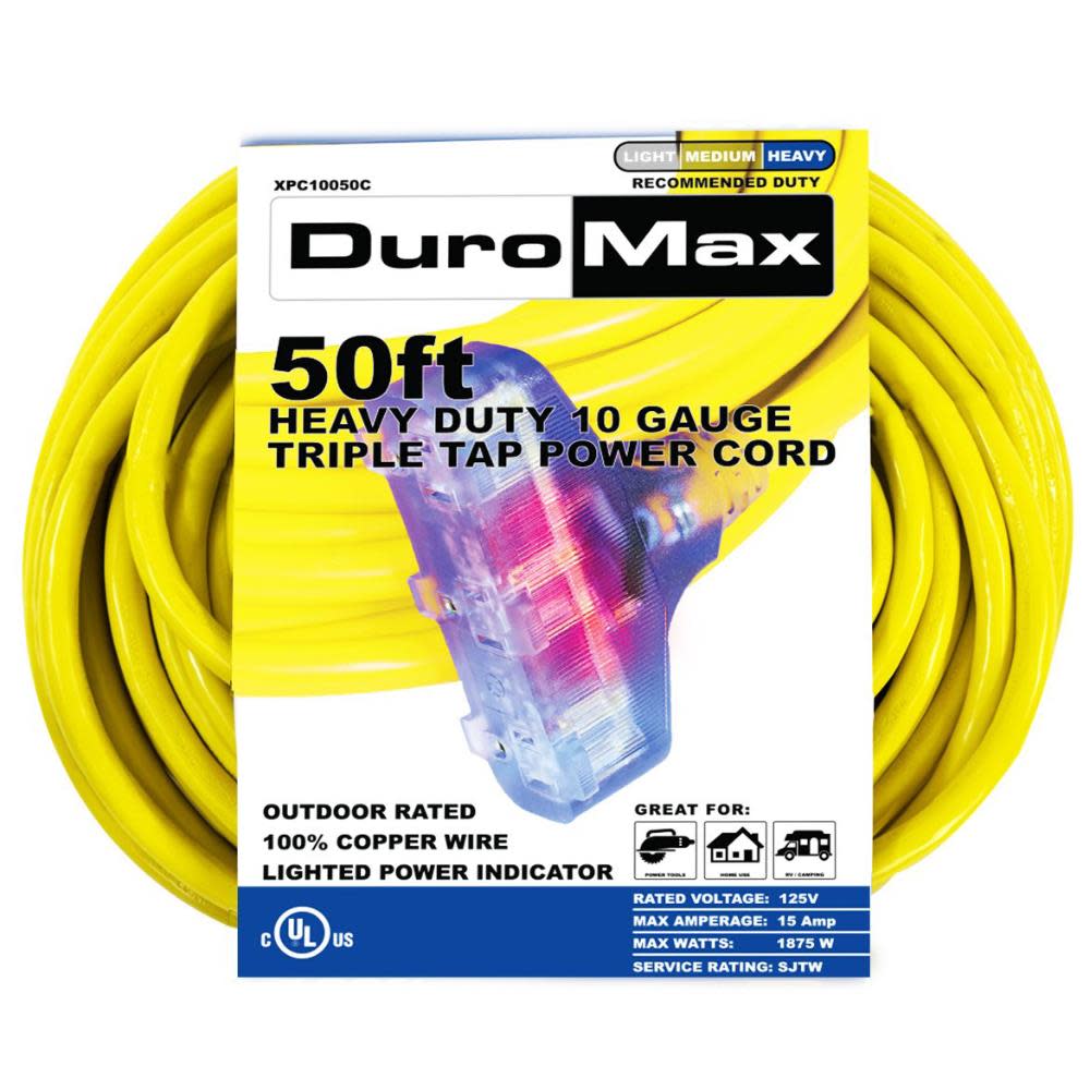 

Duromax SJTW Lit Extension Power Cord 50' 10ga Triple Tap 100% Copper