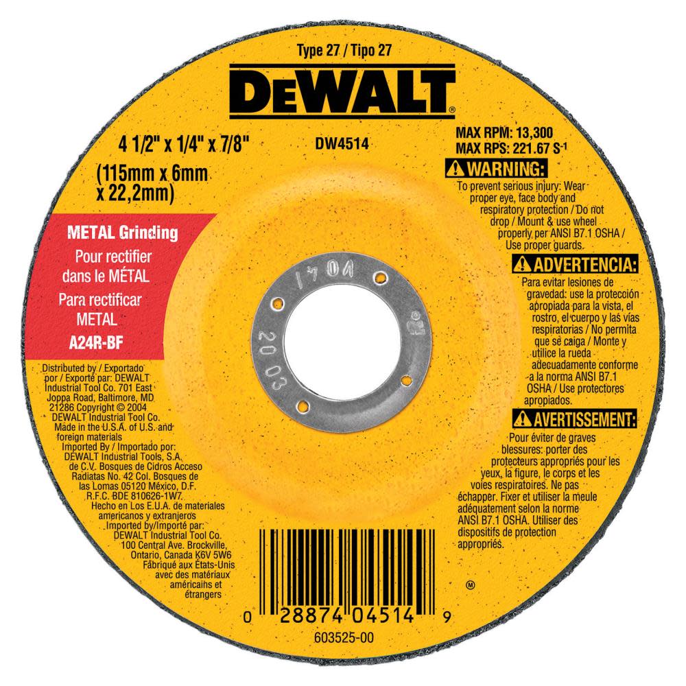 

DEWALT 4-1/2 In. x 1/4 In. x 7/8 In. High Performance Metal Grinding Wheel (5 Pack)