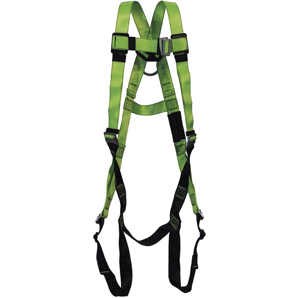 

Peakworks Full Body Safety Harness 5-Point Adjustment with Fall Indicator Back D-Ring Pass Thru Leg Buckles Hi-Vis Green/Black Universal Fit