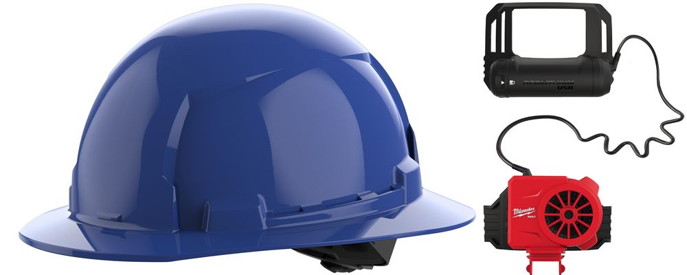 Milwaukee BOLT Blue Full Brim Hard Hat with 4pt Ratcheting Suspension Type 1 Class E & USB Cooling Fan Bundle