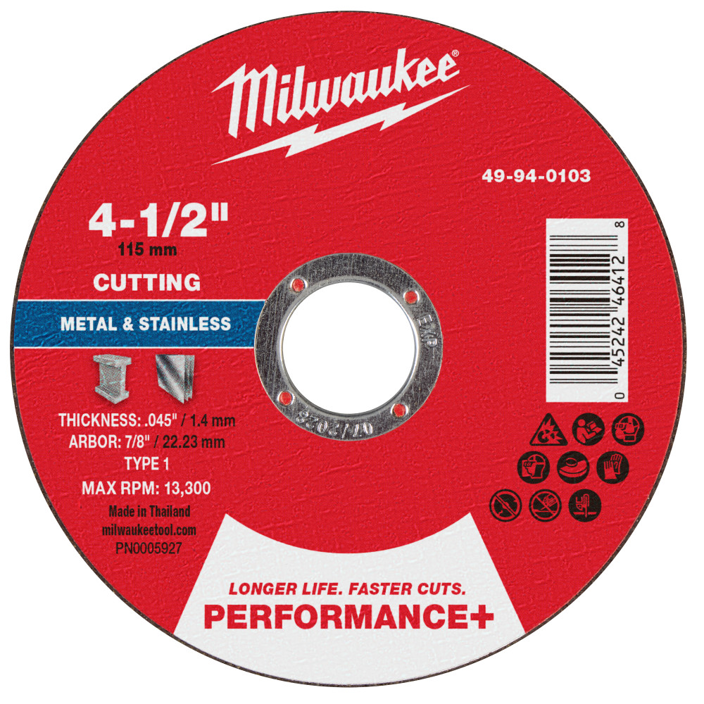 Milwaukee 4-1/2 Inch x .045 Inch x 7/8 Inch Performance+ Metal Cut Off Wheel Type 1