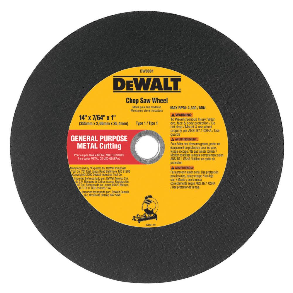 

DEWALT 14 In. X7/ 64 In. X7/ 64 In. x 1 In. GP Chop Saw Wheel