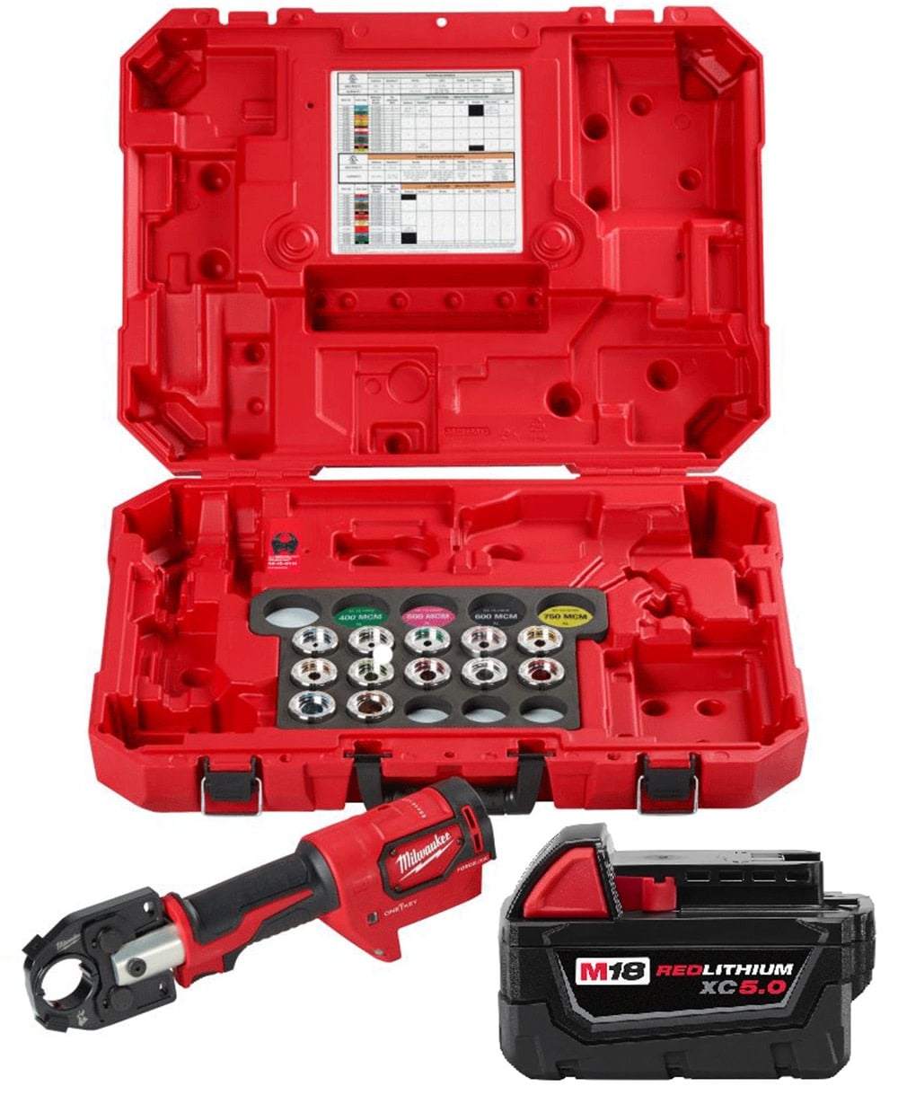 Milwaukee M18 FORCE LOGIC 600 MCM Crimper with 350 MCM AL Dies & M18 REDLITHIUM XC 18V 5Ah Bundle