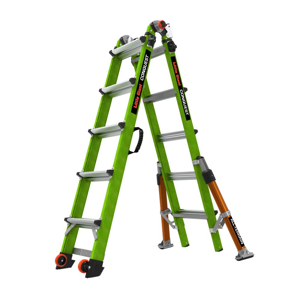 

Little Giant Safety Conquest All-Terrain Model 22 - ANSI Type 1A - 300 lb Rated - Fiberglass Articulated Extendable Ladder with Adjustable Outriggers Accessory Ports Carry Handle V-Bar and Tip & Glide Wheels