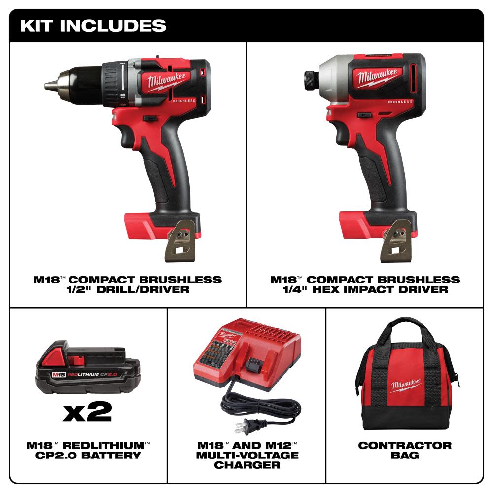Milwaukee M18 Compact Brushless Drill Driver/Impact Driver Combo Kit - Image 2