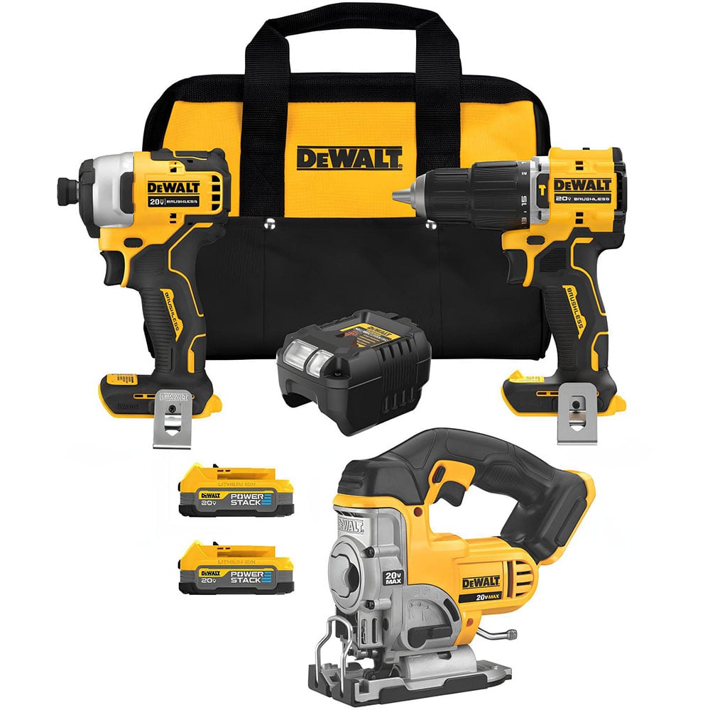 View DEWALT ATOMIC 20V MAX* Brushless Drill, Impact Driver, Jig Saw Kit