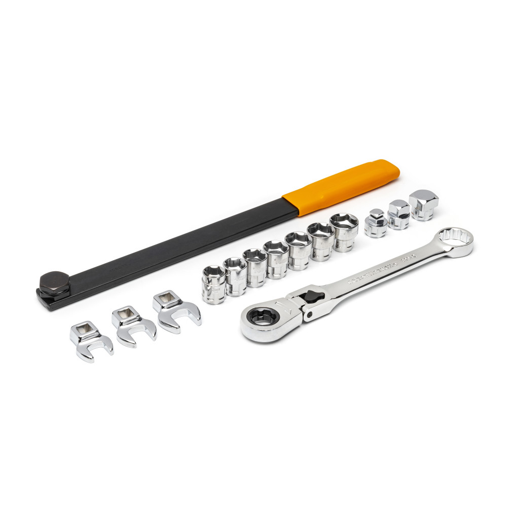 Locking flex head store ratcheting wrench set