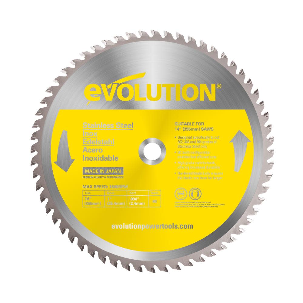 

Evolution Power Tools 14 in. 90 Tooth Stainless Steel Tungsten Carbide-Tipped Cutting Blade