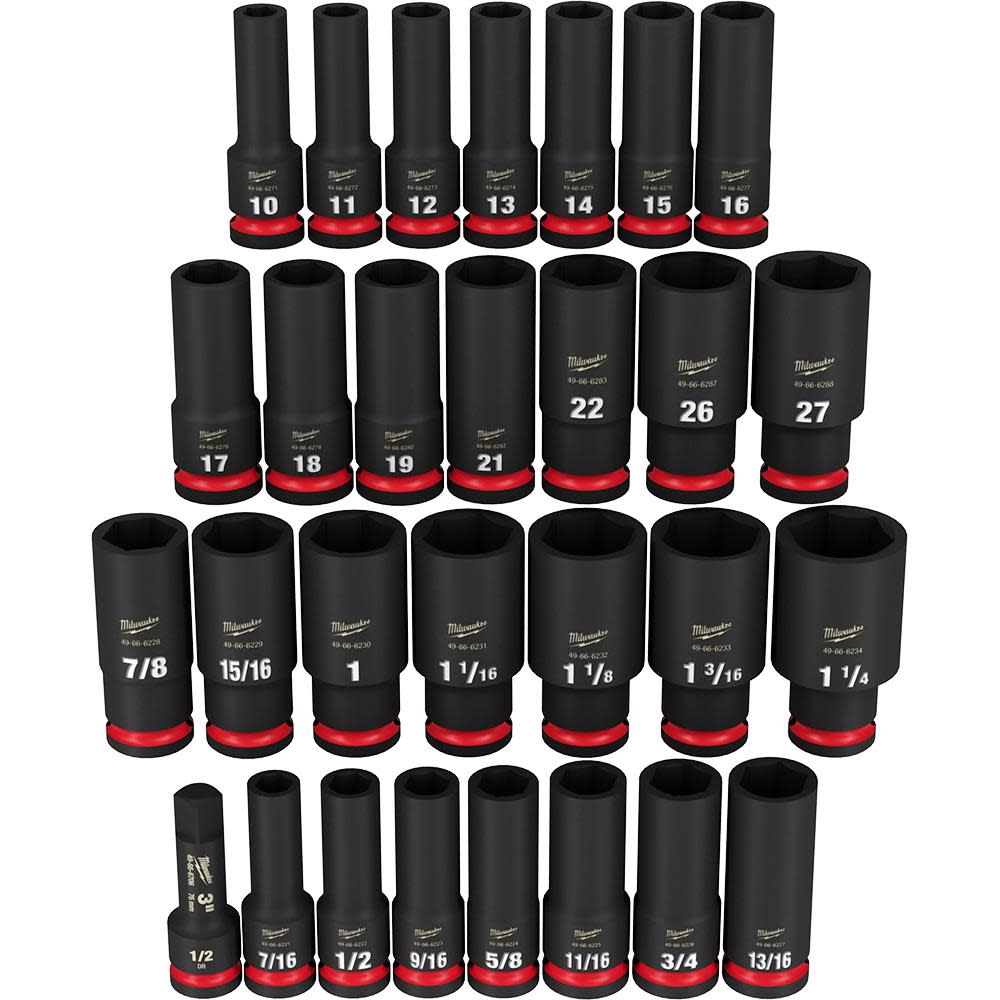 

Milwaukee SHOCKWAVE Impact Duty™ 1/2" Drive SAE & Metric Deep 6 Point Socket Set, 29pc