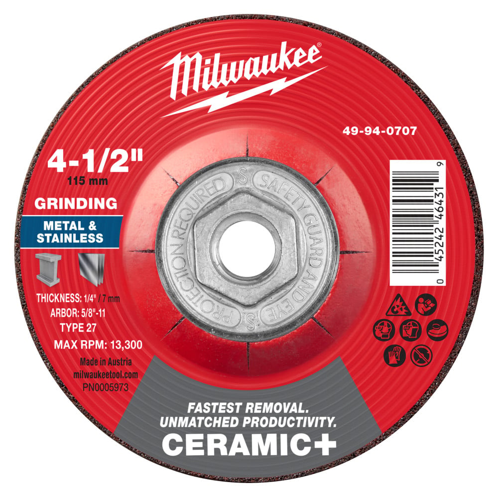 Milwaukee 4-1/2 Inch x 1/4 Inch x 5/8 Inch-11 Ceramic+ Metal Grinding Wheel Type 27
