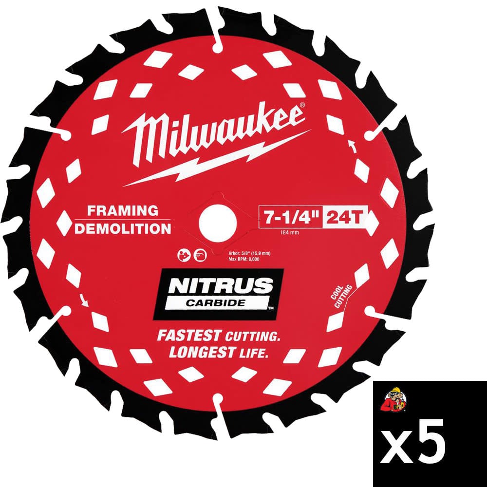 Milwaukee 7-1/4 Inch 24T NITRUS Carbide Framing and Demolition Circular Saw Blade Bundle, 5 Pieces