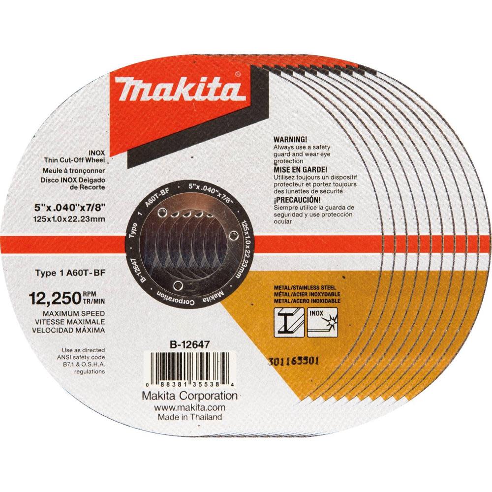 

Makita 5 in. x .040 in. x 7/8 in. Thin INOX Cut-Off Wheel (10-Pack)