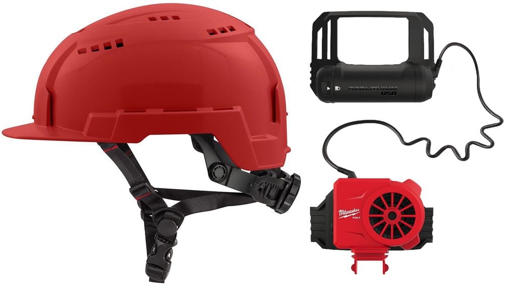 Milwaukee BOLT Red Front Brim Vented Helmet Class C & Cooling Fan Bundle