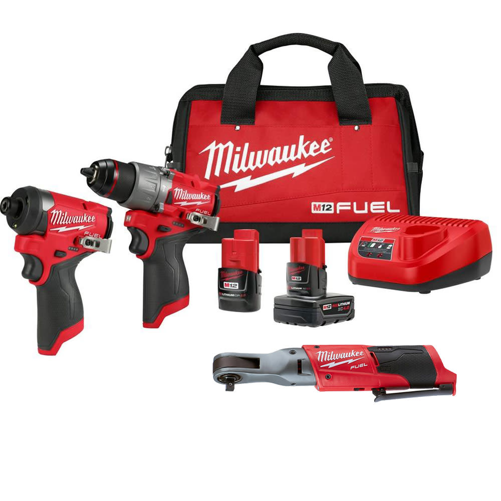 Milwaukee M12 FUEL Drill Driver Impact Driver Ratchet Combo Kit Bundle 3497 22 2557 20 Acme Tools