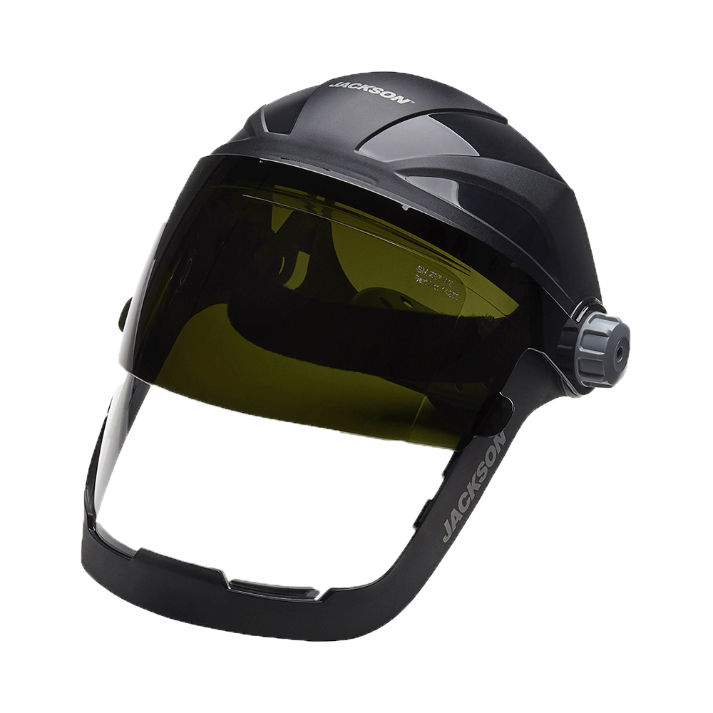 

Jackson Safety QUAD 500 Premium Multi-Purpose Face Shield - Clear Window with Shade 8 IR Flip Visor - Anti-Fog Coating - 370 Speed Dial Ratcheting Headgear