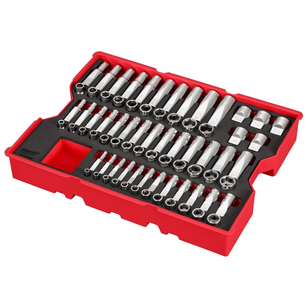 Milwaukee 1/4 Inch, 3/8 Inch, & 1/2 Inch Drive Metric Socket Set with Tray for PACKOUT Drawers 77 Pieces