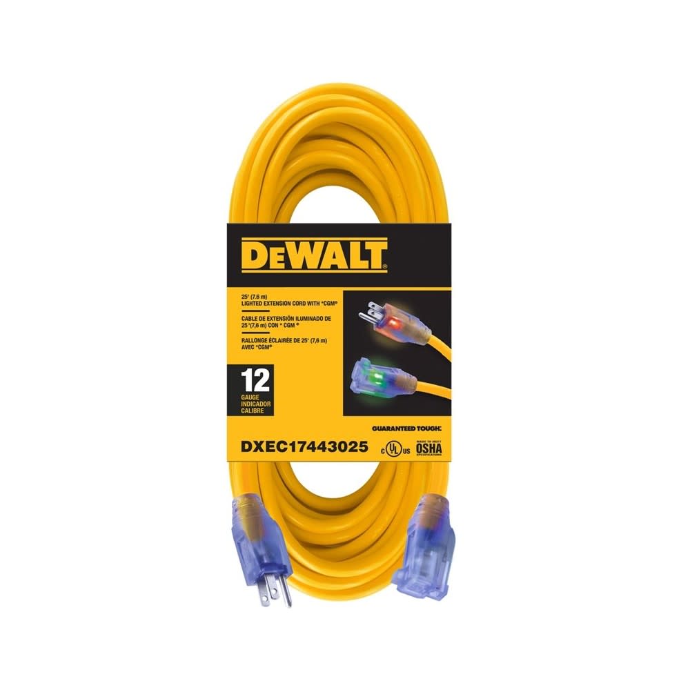 DEWALT Extension Cord Yellow Lighted 25' 12/3 SJTW DXEC17443025