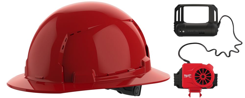 Milwaukee BOLT Red Full Brim Vented Hard Hat with 6pt Ratcheting Suspension Type 1 Class C & USB Cooling Fan Bundle