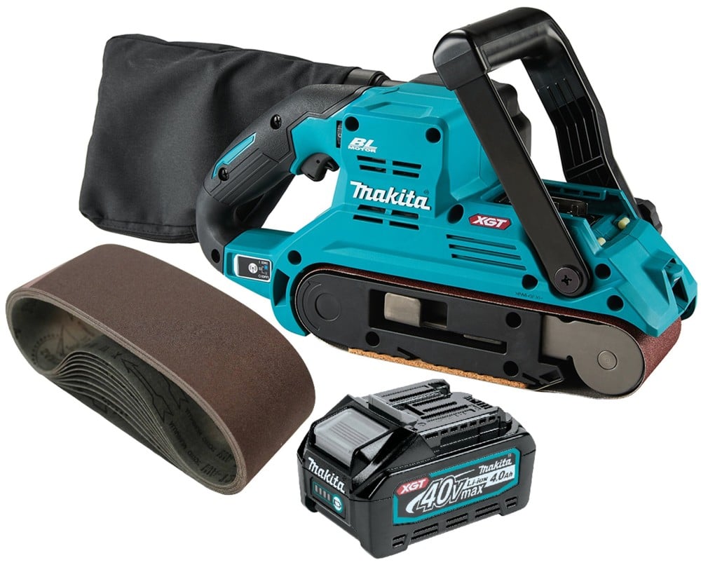 View Makita 40V max XGT Brushless Cordless 3 Inch x 21 Inch Belt Sander (Bare Tool) 150 Grit Abrasive Belt (10 Pack) & 4Ah Battery Bundle