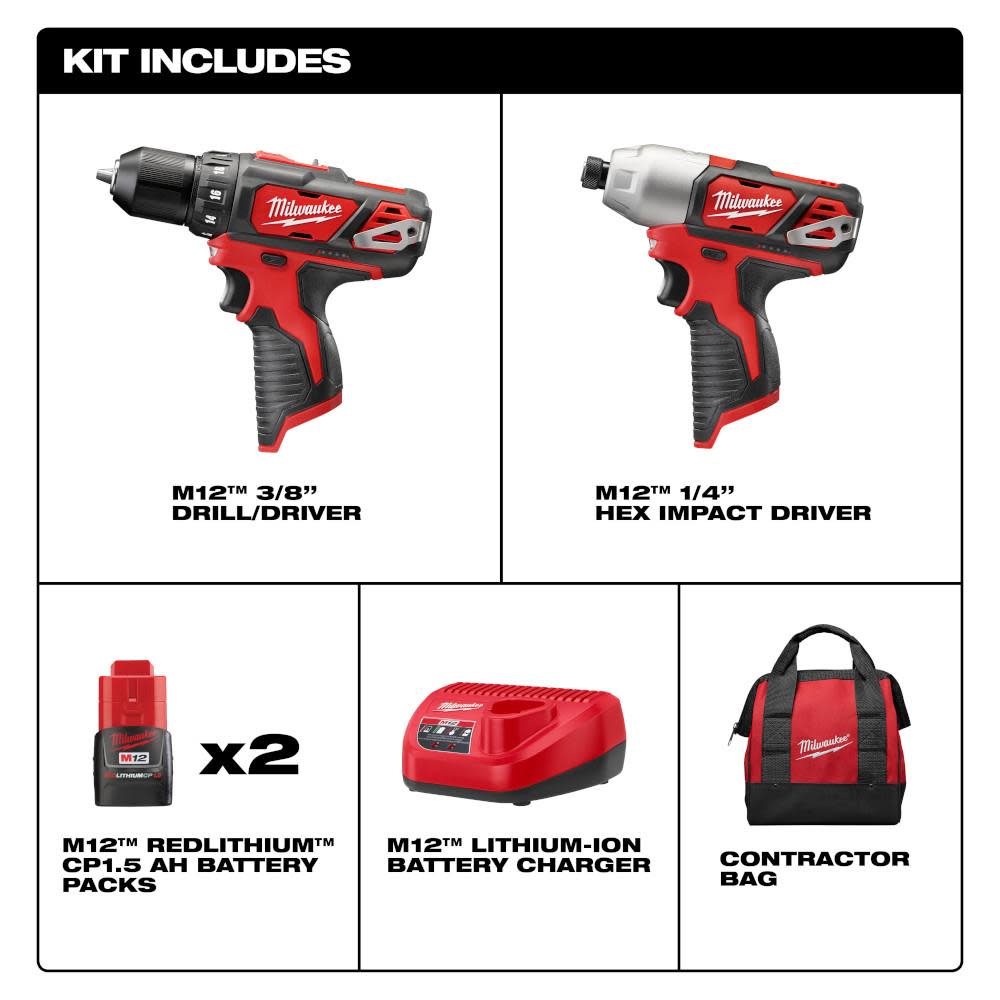 Milwaukee 2494-22 M12 Cordless 2-Tool Combo Kit for sale online 