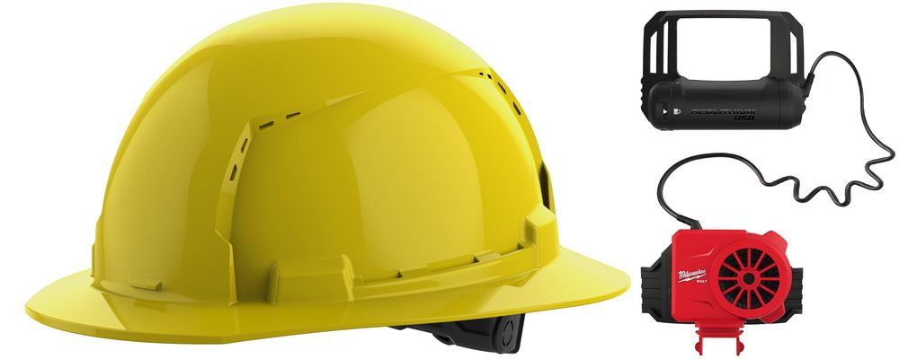 Milwaukee BOLT Yellow Full Brim Vented Hard Hat with 6pt Ratcheting Suspension Type 1 Class C & USB Cooling Fan Bundle