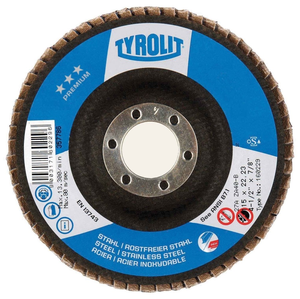

Diamond Products Tyrolit PREMIUM 4-1/2"X7/8" Zirconia Flap Discs for Steel and Stainless Steel -Type 29