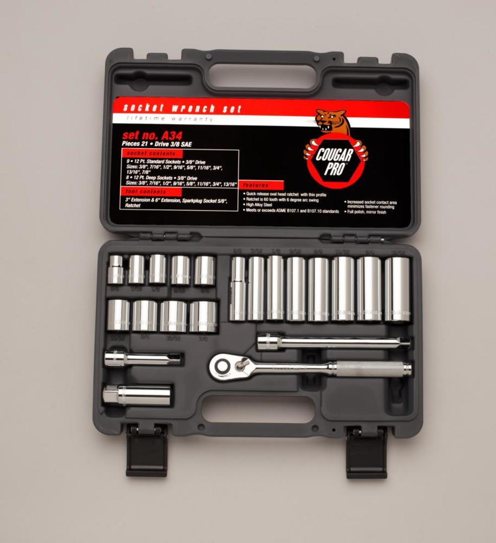 

Cougar Pro 3/8 In. Drive 21 pc. 12 pt std & Deep SAE Inch Socket Set