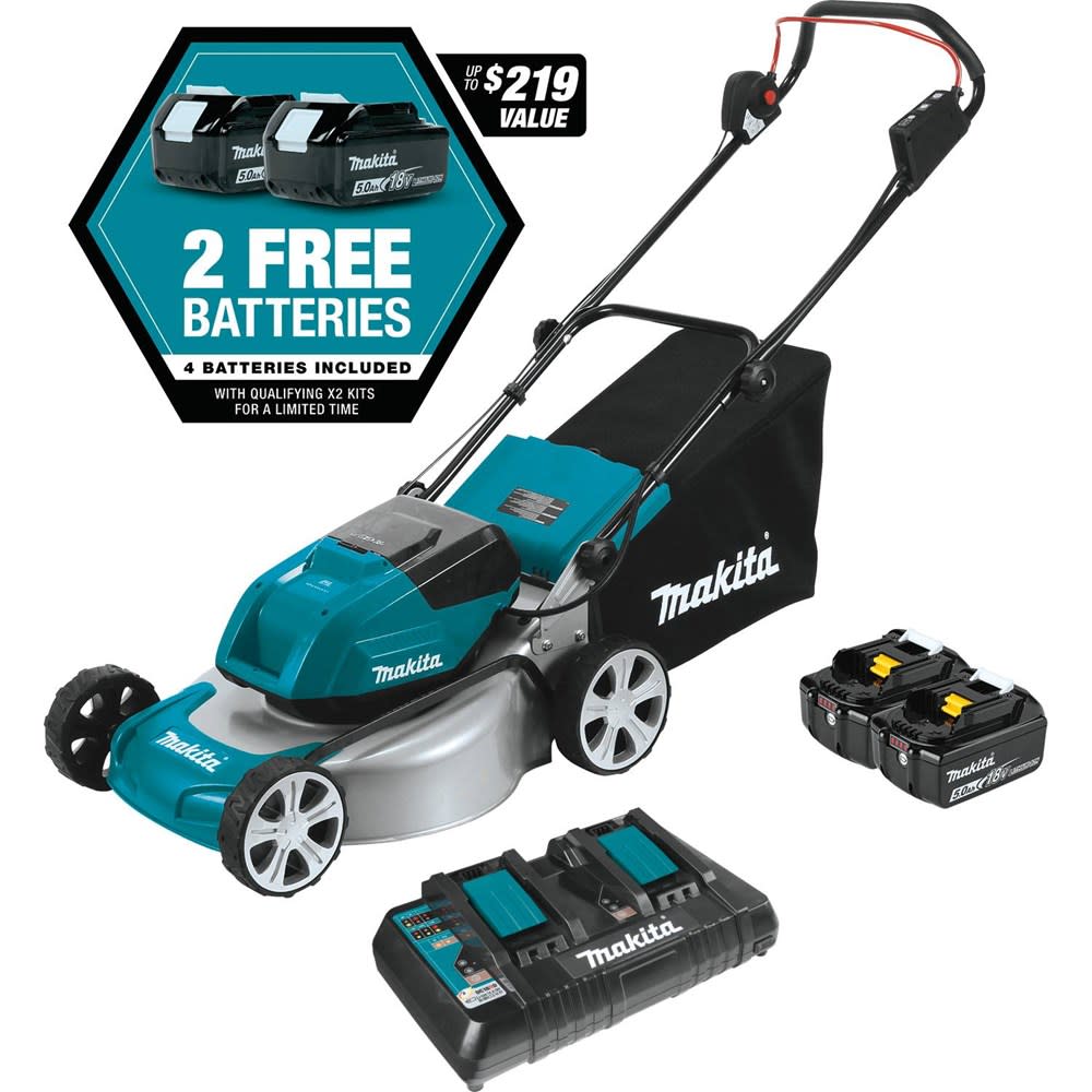 

Makita 18V X2 (36V) LXT Lithium-Ion Brushless Cordless 18" Lawn Mower Kit with 4 Batteries (5.0Ah)