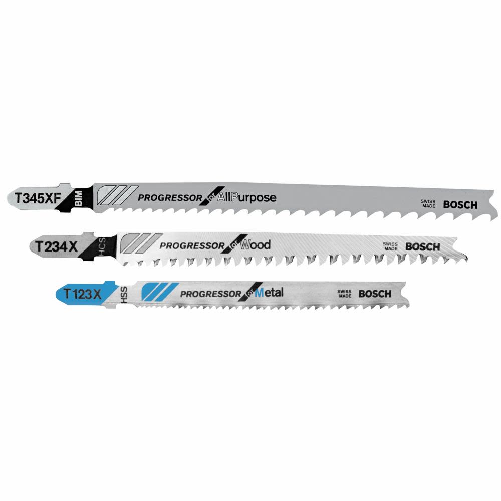 

Bosch Jig Saw Blade Set 3pc Progressor for Wood Metal and All Purpose T Shank