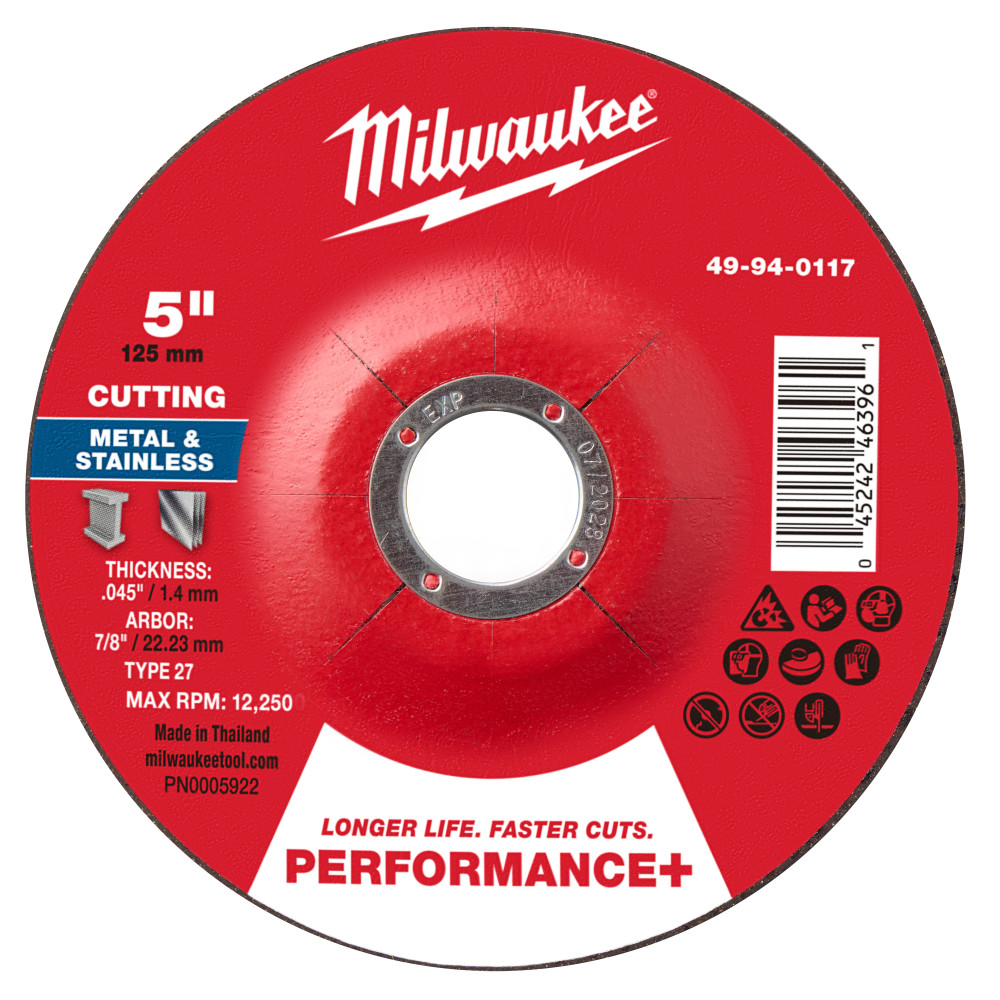 Milwaukee 5 Inch x .045 Inch x 7/8 Inch Performance+ Metal Cut Off Wheel Type 27