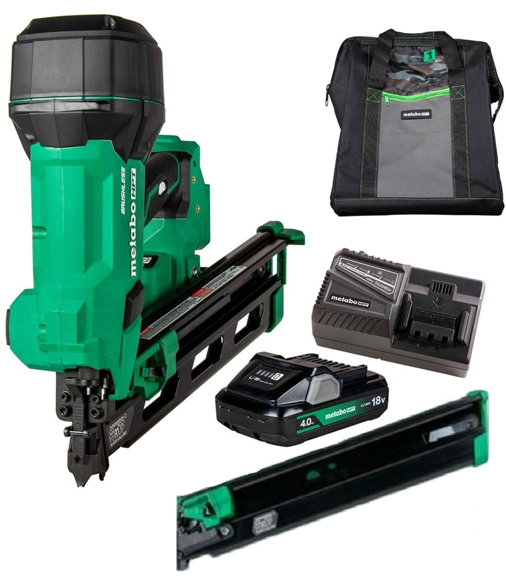 Metabo HPT 18V MultiVolt Cordless 21 Degree 3-1/2 Inch Plastic Strip Framing Nailer Kit &  18 Inch Extended Magazine Bundle